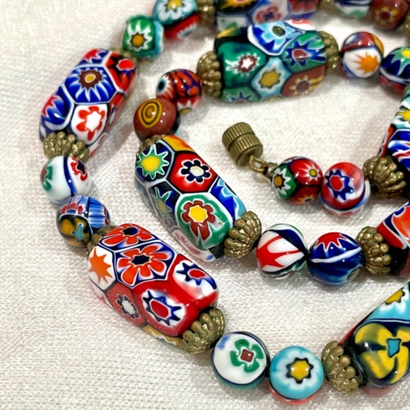 RARE Vintage Murano Millefiori Moretti Venetian Rectangle Glass Bead Necklace - Picture 4 of 11